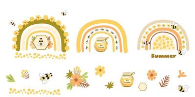 Honey pot bee rainbow element. Honey jar, bee, sweet honey beekeeping graphic element isolated. Cute bee honey organic logo. Vector illustration. Summer bee rainbow design, baby print yellow rainbow