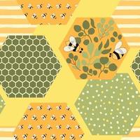 Bee honey pattern. Bee honeycomb seamless pattern. Beekeeping background. Cute honeybee vector print. Floral honey hexagon design, wrapping paper, fabric, wallpaper. Sweet honey bee illustration.