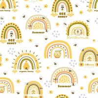 Bee honey pattern. Beehive, honey rainbow, floral seamless pattern. Honeybee print. Organic honey graphic design template. Honey childish vector illustration. Summer yellow sweet background, wallpaper