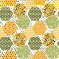 abeja miel modelo. abeja panal sin costura modelo. apicultura antecedentes. linda abeja vector impresión. floral miel hexágono diseño, envase papel, tela, fondo de pantalla. dulce miel abeja ilustración.