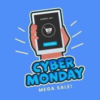 Sticker Style Cyber Monday Text with Hand Holding Smartphone on Blue Background for Mega Sale. vector