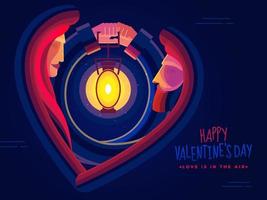 Lover Couple holding Illuminated Lantern in Heart Shape on Blue Background for Happy Valentine's Day, Love is in the air concept. vector