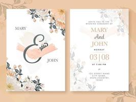 floral Boda invitación tarjeta diseño con Pareja participación manos y evento detalles en frente y espalda vista. vector