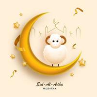 3d dorado creciente Luna con dibujos animados oveja, línea Arte mezquita y estrellas decorado en melocotón amarillo antecedentes para Eid al-Adha mubarak. vector