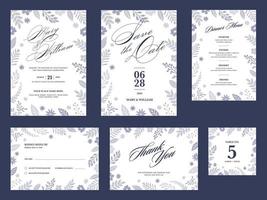 Floral Wedding Invitation Template, Dinner Menu, Save The Date, Kindly Reply, Table Number and Thank You Card. vector