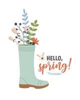 Rubber boot with hand drawn spring flowers. vector