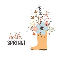 Rubber boot with hand drawn spring flowers. Vector illustration. Cute vector illustration for spring design. Flat vintage style.