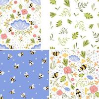 Meadow floral summer pattern set. Flowers and honey Bee nature repeated background. Vector illustration. Cute hand drawn spring summer flower bees honey Bright repeated pattern fabric wallpaper.
