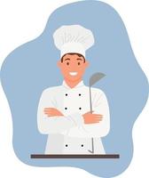 A restaurant chef in a white uniform prepares food in the kitchen. A professional chef is preparing in the kitchen. International Chef's Day poster design illustration, Chef's Day celebration. vector