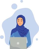 Muslim business woman in hijab holding a laptop. A young Arab girl sits in a comfortable chair at a table with a laptop. Muslim business woman in hijab works at home or office. Colored vector