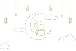 Outline Islamic Background design template for ramadan, eid alfitr, isra miraj, and islamic new year with mosque, Lantern, moon, and star. vector