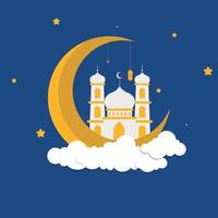 Flat Islamic Background design template for ramadan, eid alfitr, isra miraj, and islamic new year with mosque, Lantern, moon, and star. vector