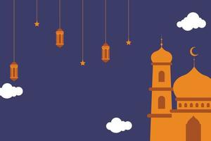 Flat Islamic Background design template for ramadan, eid alfitr, isra miraj, and islamic new year with mosque, Lantern, moon, and star. vector