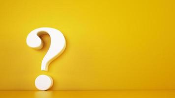 Big white question mark on a yellow background. 3D Rendering photo