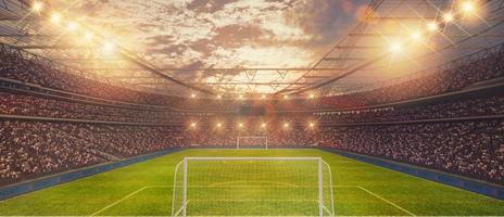 Soccer stadium with audience at sundown full for a match. 3D Rendering photo