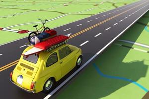 Car loaded with luggage on the road to summer vacation. 3D Rendering photo