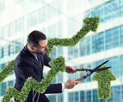 Businessman that cuts and adjusts a plant shaped like an arrow stats. Concept of startup company . 3D Rendering photo
