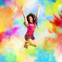 Fitness teacher jumps on summer colors photo