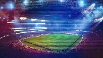 Background of a soccer stadium with light effects full of fans during a night game. 3D rendering photo