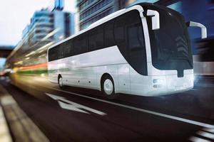 blanco autobús Moviente rápido en el la carretera en un moderno ciudad con ligero efecto foto