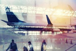 Modern airport with blur effects. double exposure photo