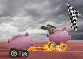 Piggy bank with wheel like a car wing against competitors. concept of fast increase of money. photo