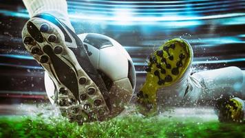 Football scene at night match with close up of a soccer shoe hitting the ball with power photo