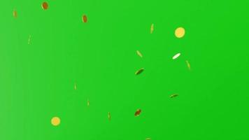 langzaam beweging groen scherm animatie video van goud munten vallend van bovenstaand