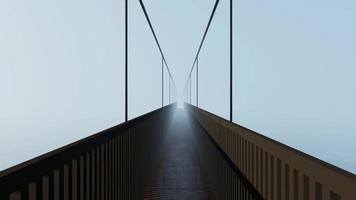 3d video animatie van wandelen Aan een houten suspensie brug met dik mist