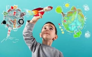 Child with a fast rocket migrates from polluted planet to a clean world. Cyan background photo