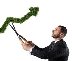 Businessman that cuts and adjusts a plant shaped like an arrow stats. Concept of startup company . 3D Rendering photo