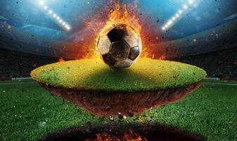 Fiery soccer ball exits from a football stadium photo