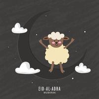 Eid-Al-Adha Mubarak Poster Design with Crescent Moon and Cartoon Funny Sheep on Grey Grunge Background. vector