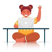 Cute Girl Using Laptop At Table With Hello Gesture On White Background. vector