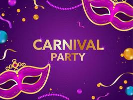 Golden Carnival Party Text With Masquerade Masks, Beads And Confetti Ribbon Decorated On Purple Background. vector