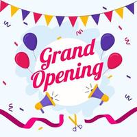 Grand Opening Font with Loudspeakers, Balloons and Ribbon Cutting Scissor on Pastel Blue Background. vector