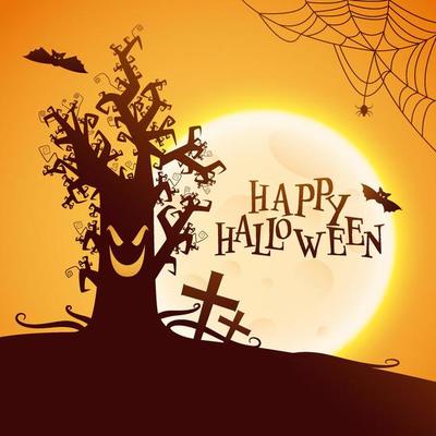 Full Moon Yellow and Brown Background with Scary Tree, Tombstones, Flying Bats and Spiderweb for Happy Halloween Celebration.