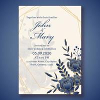 Wedding Invitation Card Template Layout Decorated with Blue Rose Flowers and Leaves and Event Details. vector