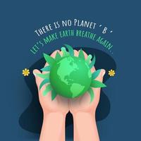 Illustration of Hand Holding 3D Earth Globe with Green Leaves and Flowers on Blue Background vector