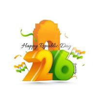 3D 26 Number Of January With India Gate Monument And Indian Flags On White Background. vector