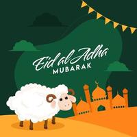 Eid al-Adha Mubarak fuente con dibujos animados oveja, mezquita y verderón banderas en verde y naranja antecedentes. vector