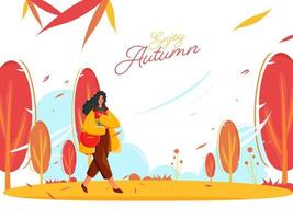 Enjoy Autumn Font With Young Girl Holding Book And Side Bag On Nature Background. vector