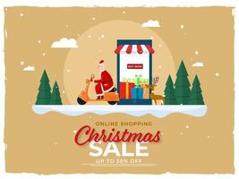 arriba a 50 apagado para Navidad rebaja póster diseño con e-shop en teléfono inteligente, regalo cajas, Navidad árboles, reno y Papa Noel montando scooter. vector