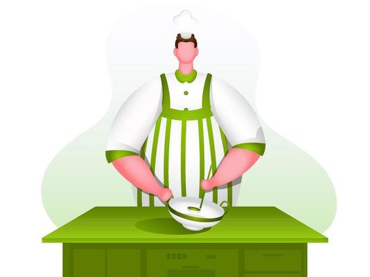 Faceless chef character holding cookware with ladle on kitchen table.