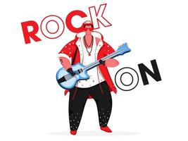 Rock On Text with Young Man Playing Guitar on White Background. vector