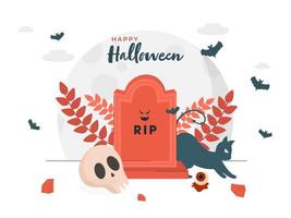 Illustration Of RIP Stone with Scary Cat, Skull, Leaves and Bats Flying on White Background for Happy Halloween Celebration. vector