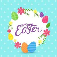 Happy Easter Font in Circular Shape Decorated with Printed Eggs, Flower and Leaves on Light Blue Polka Dots Background. vector