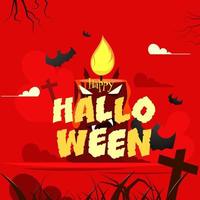 Happy Halloween Creepy Text with Illuminated Scary Monster Candle, Flying Bats and Cross Graveyard on Red Background. vector