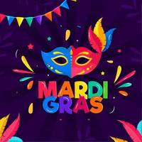 Glossy Colorful Mardi Gras Text with Party Mask, Feather and Bunting Flag Decorated on Purple Rays Background. vector