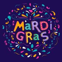 Creative Stylish Mardi Gras Text Decorated with Colorful Arc Drops on Purple Background. vector